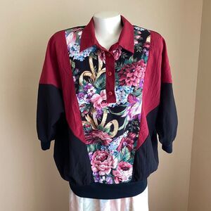 VTG Silver Threads 2X Floral 3/4 Sleeve Pullover Top Maroon Black Windbreaker
